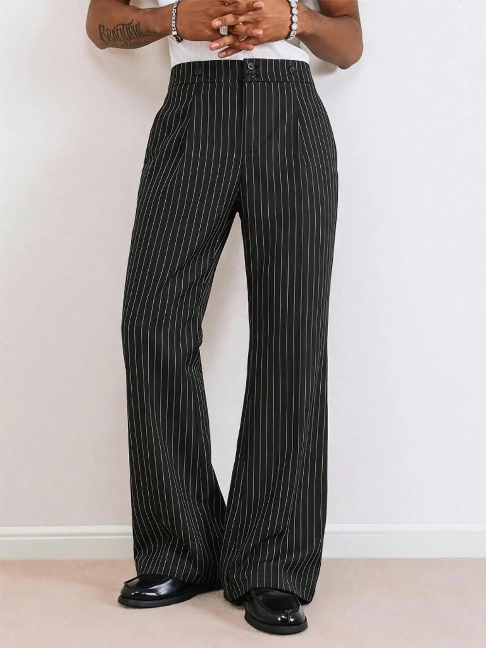 Black Casual Men's Striped Casual Long Pants With Pockets